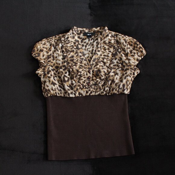 2000s Sparkly Cheetah Print Blouse w/ Stretchy Waist Band - Picture 1 of 5